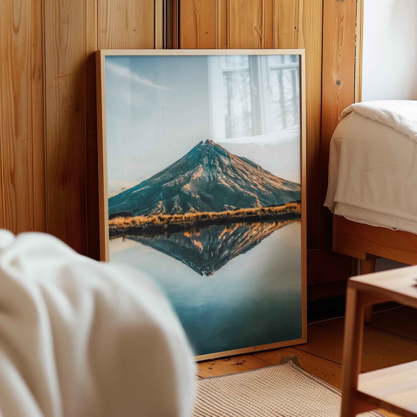 Framed Mount Taranaki reflection print in natural wood frame leaning against pine panelled bedroom wall