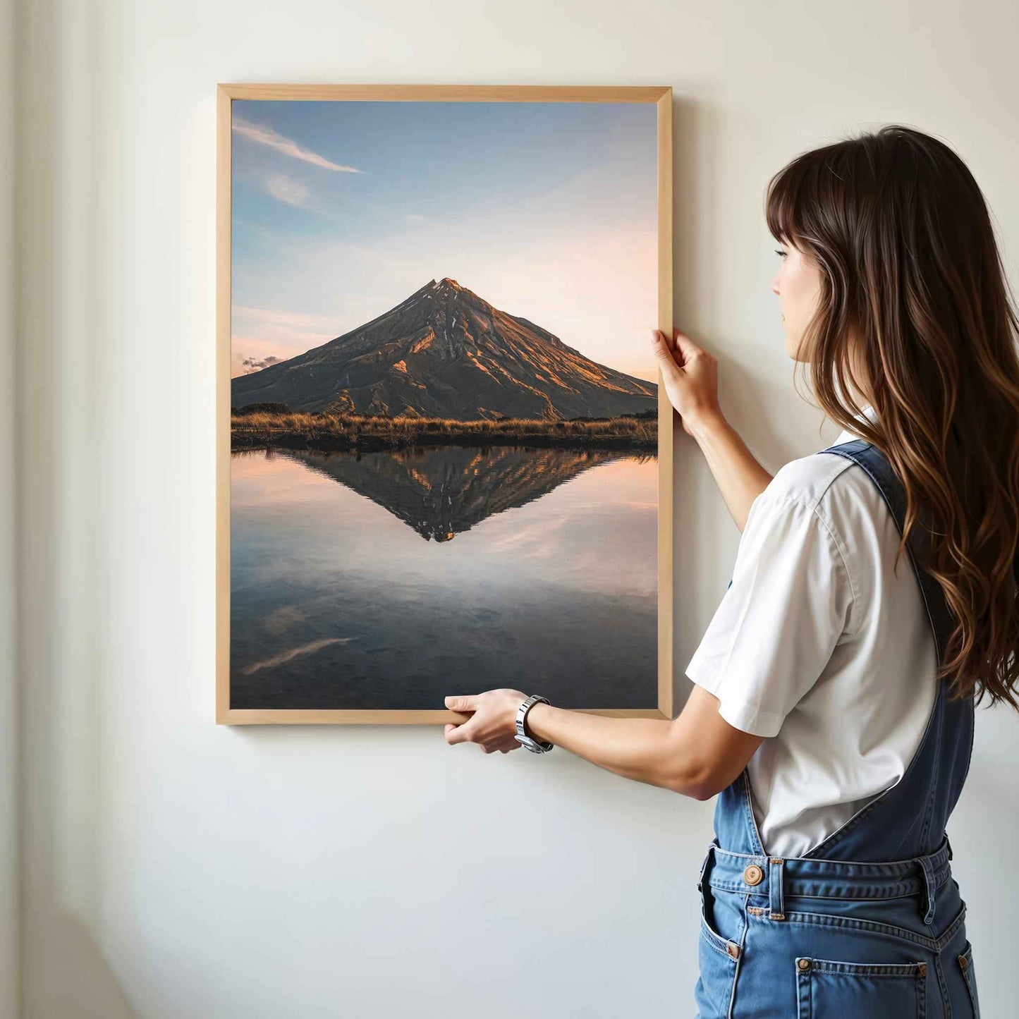Woman hanging framed Mount Taranaki sunset reflection photography print in natural oak frame on white wall