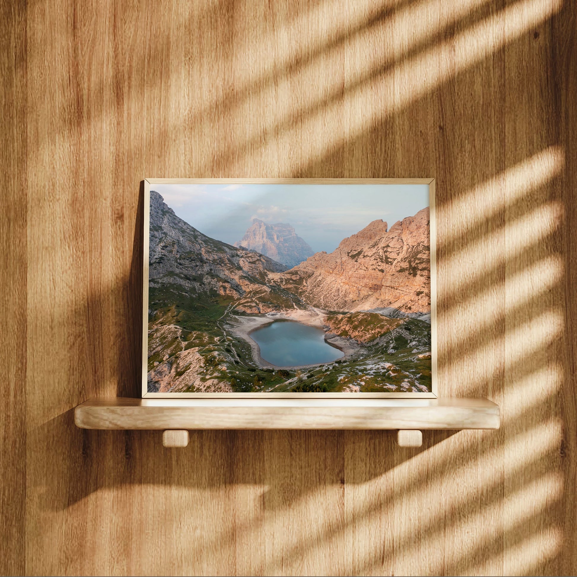 Wall print of Coldai Lake in the Dolomites on wood background