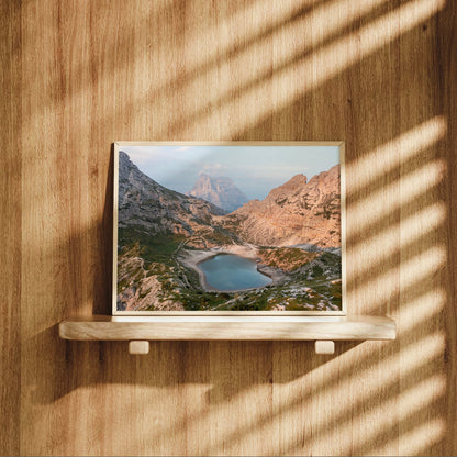Wall print of Coldai Lake in the Dolomites on wood background