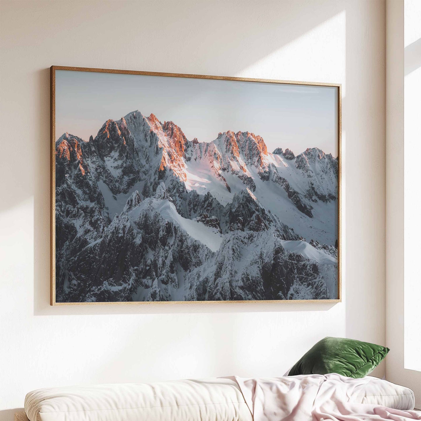 Wide format print of Chamonix peaks in elegant minimalistic decor