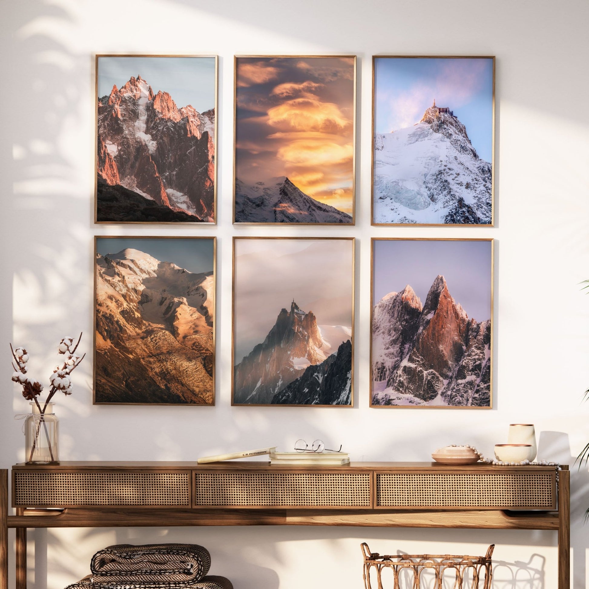 Living room decor with six French Alps wall art prints, adding a modern and serene aesthetic.