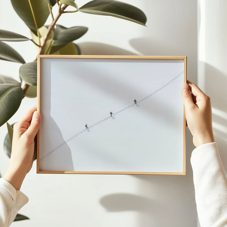 Fine art mountaineering print with climbers roped together on a remote snowfield in the French Alps.
