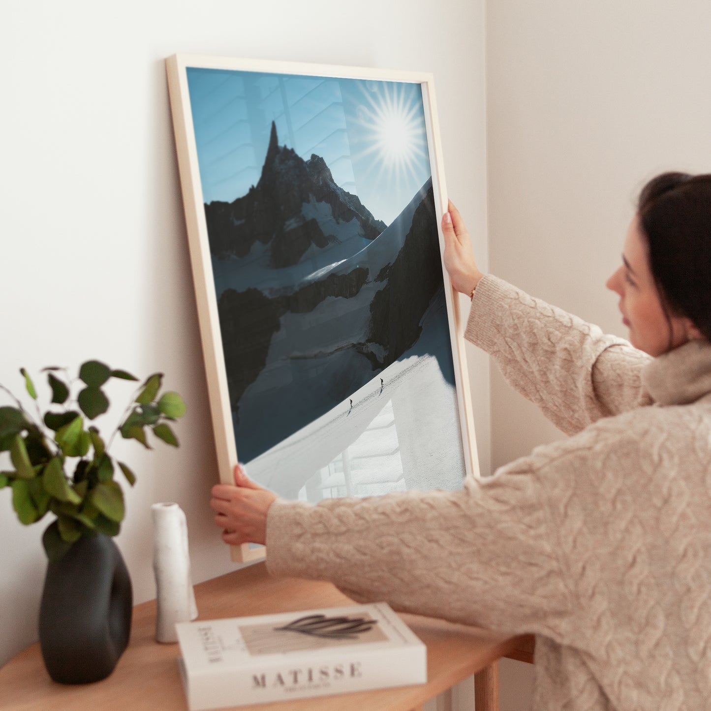 Close-up of mountaineering wall art print showing Dent du Géant above snowfields – Chamonix mountain landscape photo