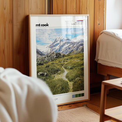 Mount Cook alpine wall art styled in a calm bedroom interior