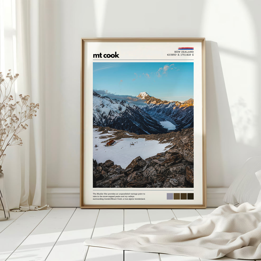 Mt Cook alpine wall art print styled in a bright interior, inspired by Aoraki Mount Cook National Park