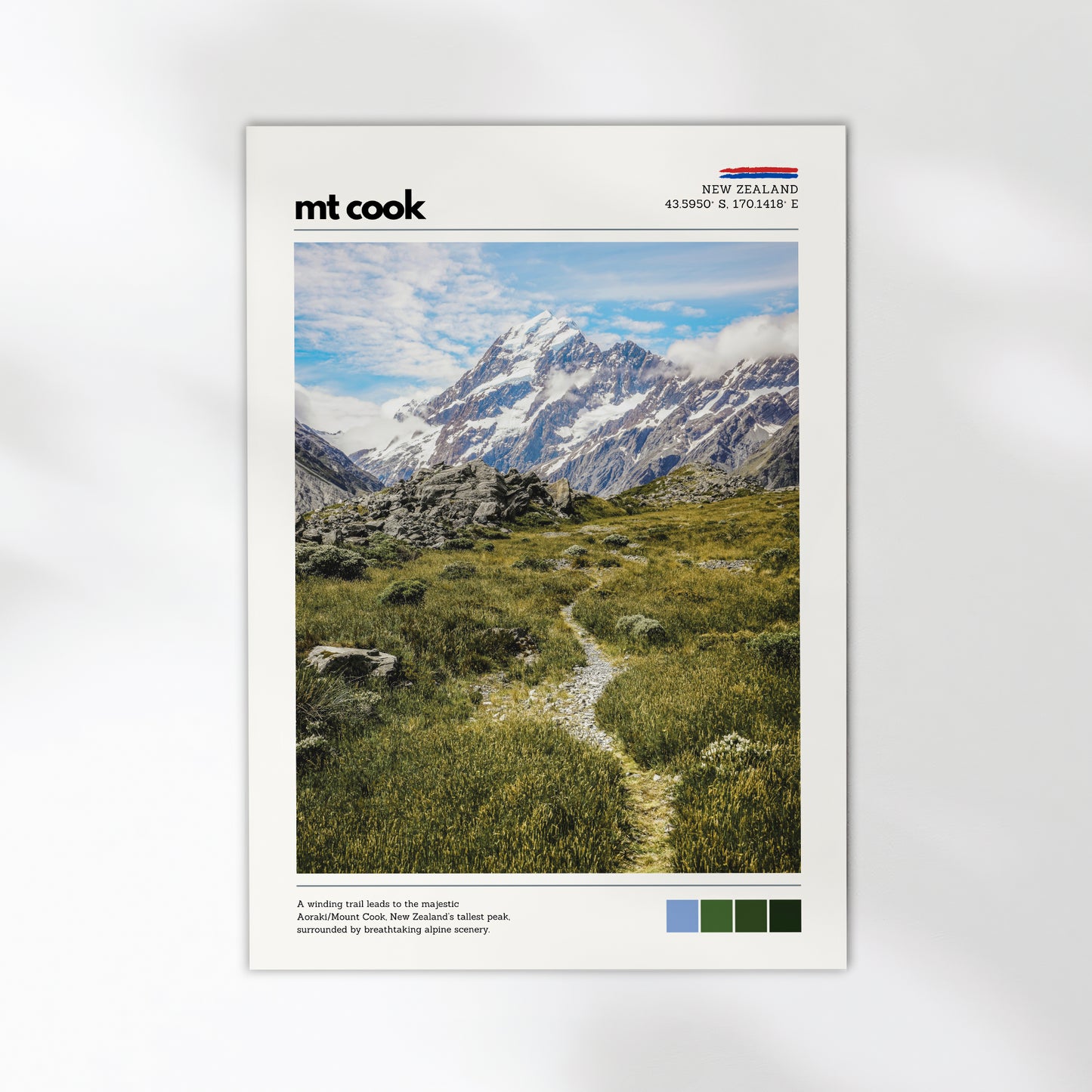 Mount Cook landscape poster showing alpine grasslands and mountain peaks in New Zealand