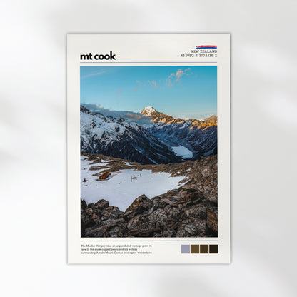 Mt Cook art print showing snow-covered peaks and glacial valleys near Mueller Hut, New Zealand