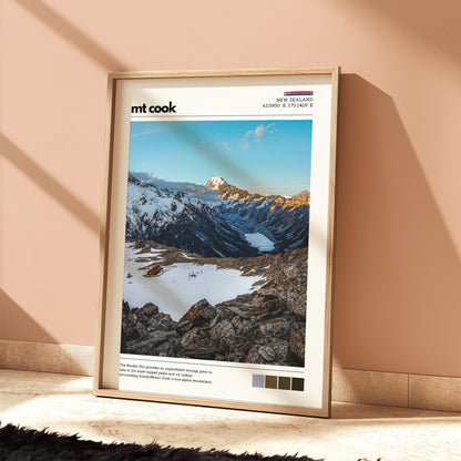 Mt Cook wall art print featuring the alpine landscape near Mueller Hut, styled in a warm beige interior in Aoraki Mount Cook National Park, New Zealand