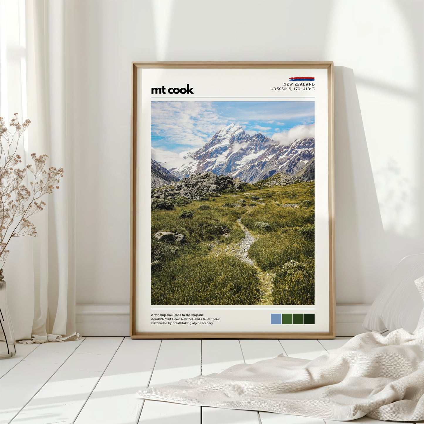 Mt Cook New Zealand wall art print in a minimal, light-filled interior