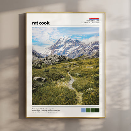 Mt Cook wall art print featuring a winding alpine trail leading toward Aoraki / Mount Cook, New Zealand