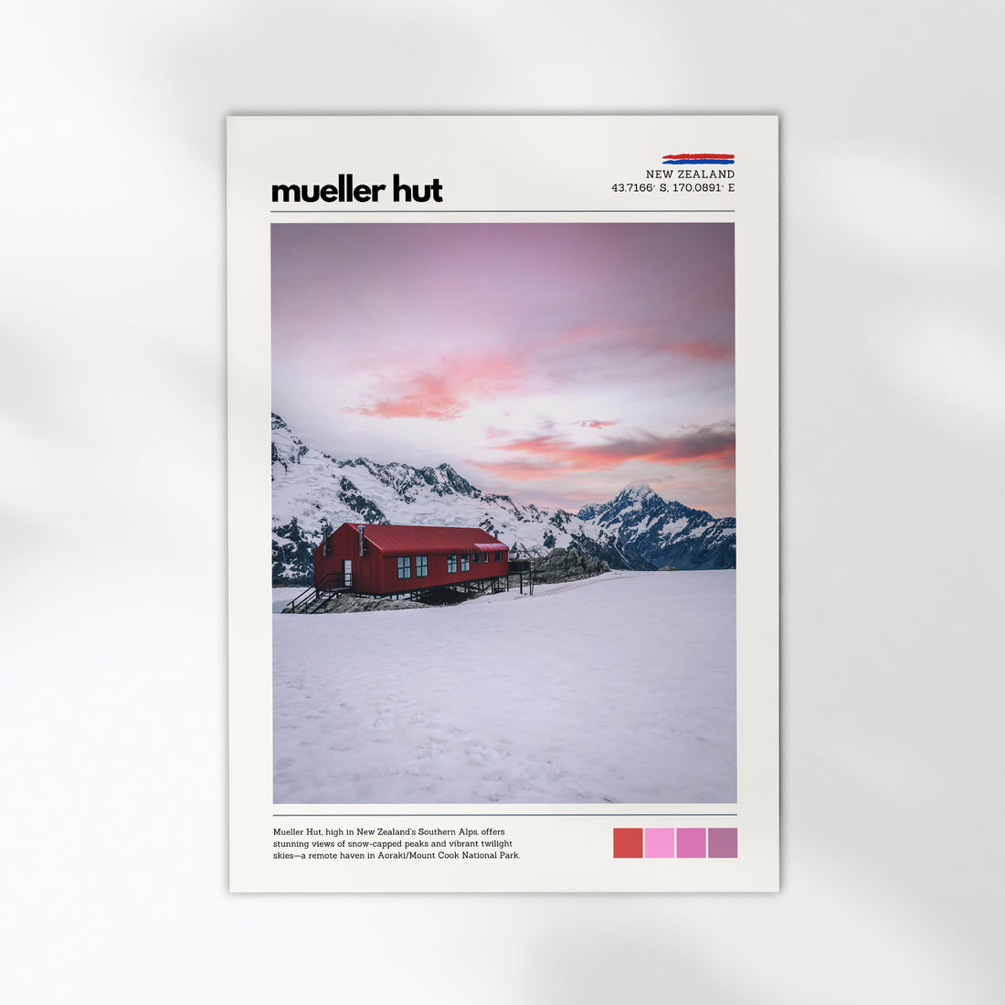 Mueller Hut sunrise poster print showing red alpine hut and pastel sky in New Zealand’s Southern Alps