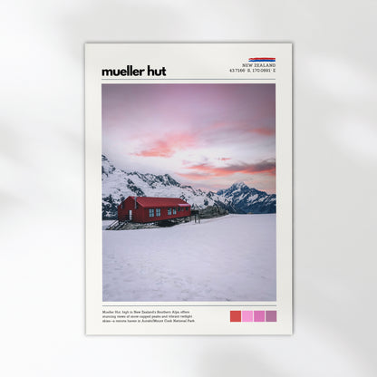 Mueller Hut sunrise poster print showing red alpine hut and pastel sky in New Zealand’s Southern Alps