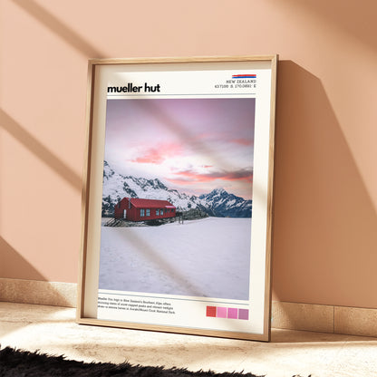 Mueller Hut sunrise print leaning against a wall in a styled interior space