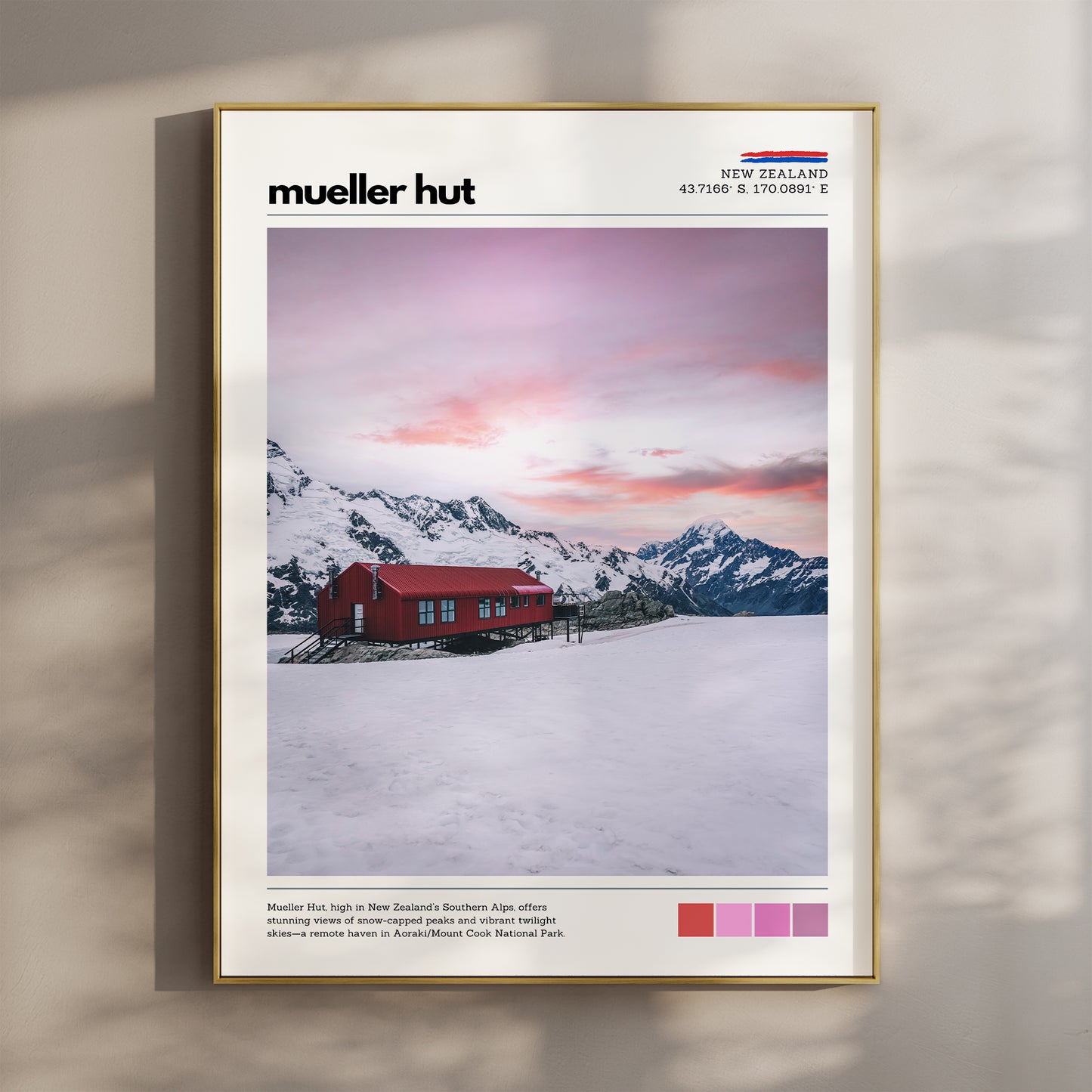 Mueller Hut wall art print at sunrise in Aoraki Mount Cook National Park, New Zealand, with red alpine hut and snow-covered peaks