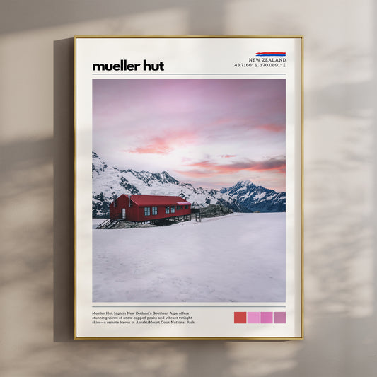 Mueller Hut wall art print at sunrise in Aoraki Mount Cook National Park, New Zealand, with red alpine hut and snow-covered peaks