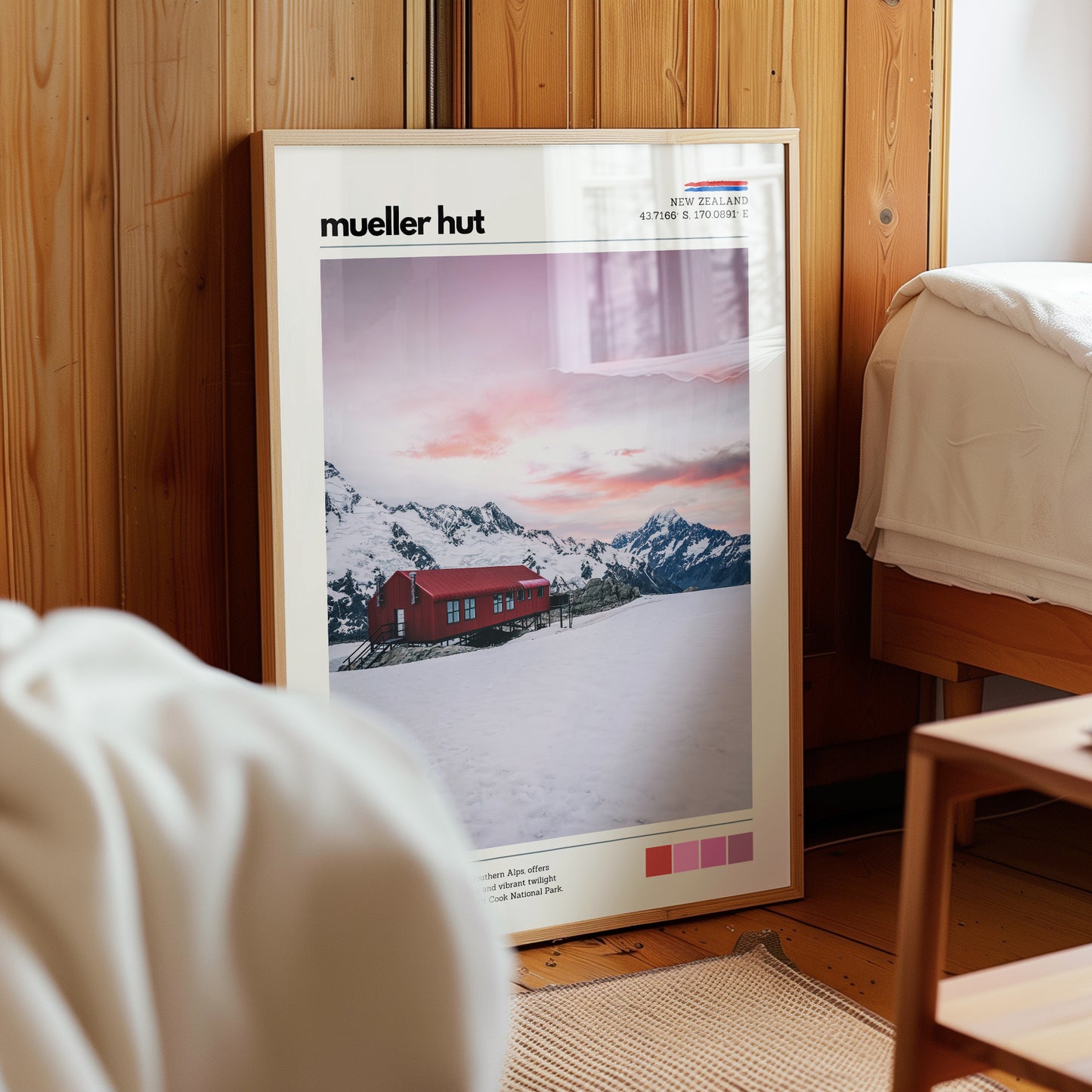 Mueller Hut sunrise wall art print styled in a warm bedroom interior with wooden walls