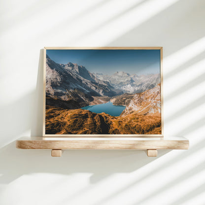 Oeschinensee photo print on display shelf with dramatic light