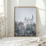 Framed Neuschwanstein Castle photography print in bright Scandinavian room
