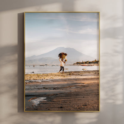 Nusa Lembongan seaweed farmer beach wall art print with Mount Agung in gold floating frame mounted on beige wall with natural shadows