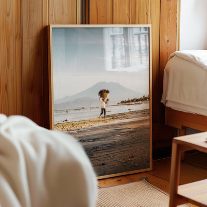 Nusa Lembongan seaweed farmer framed photography print leaning against wooden wall in cosy bedroom interior