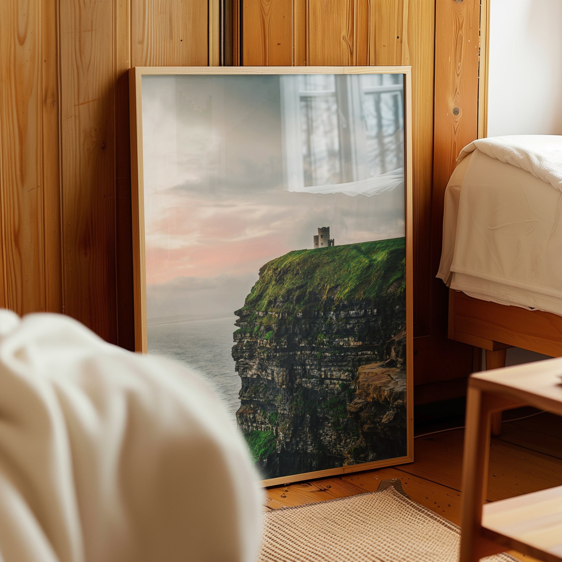 O’Brien’s Tower on the Cliffs of Moher captured at sunset, Irish coastal cliffs with soft golden light