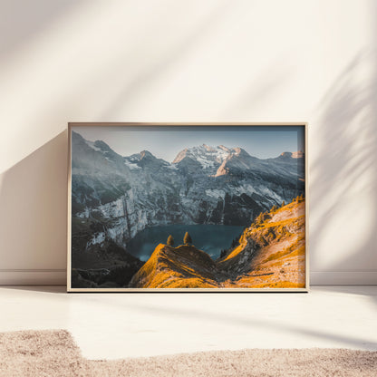 Reflective waters of Oeschinensee and majestic Swiss mountain scenery, making a beautiful addition to any nature wall art collection.