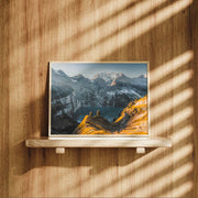Landscape photography print of Oeschinensee with golden slopes, fir trees, and majestic mountain scenery.