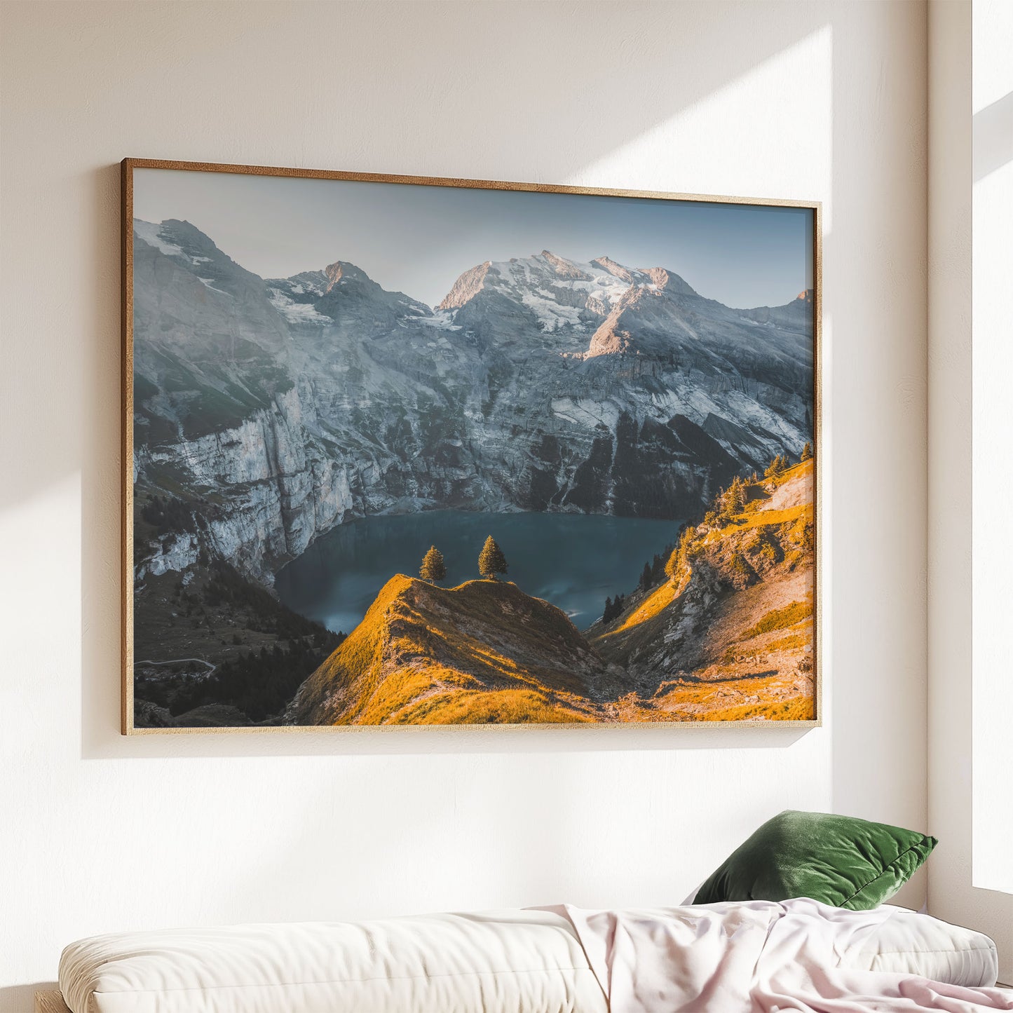 Nature wall art of Oeschinensee in Switzerland, showcasing golden morning light over a stunning alpine lake and mountain landscape.