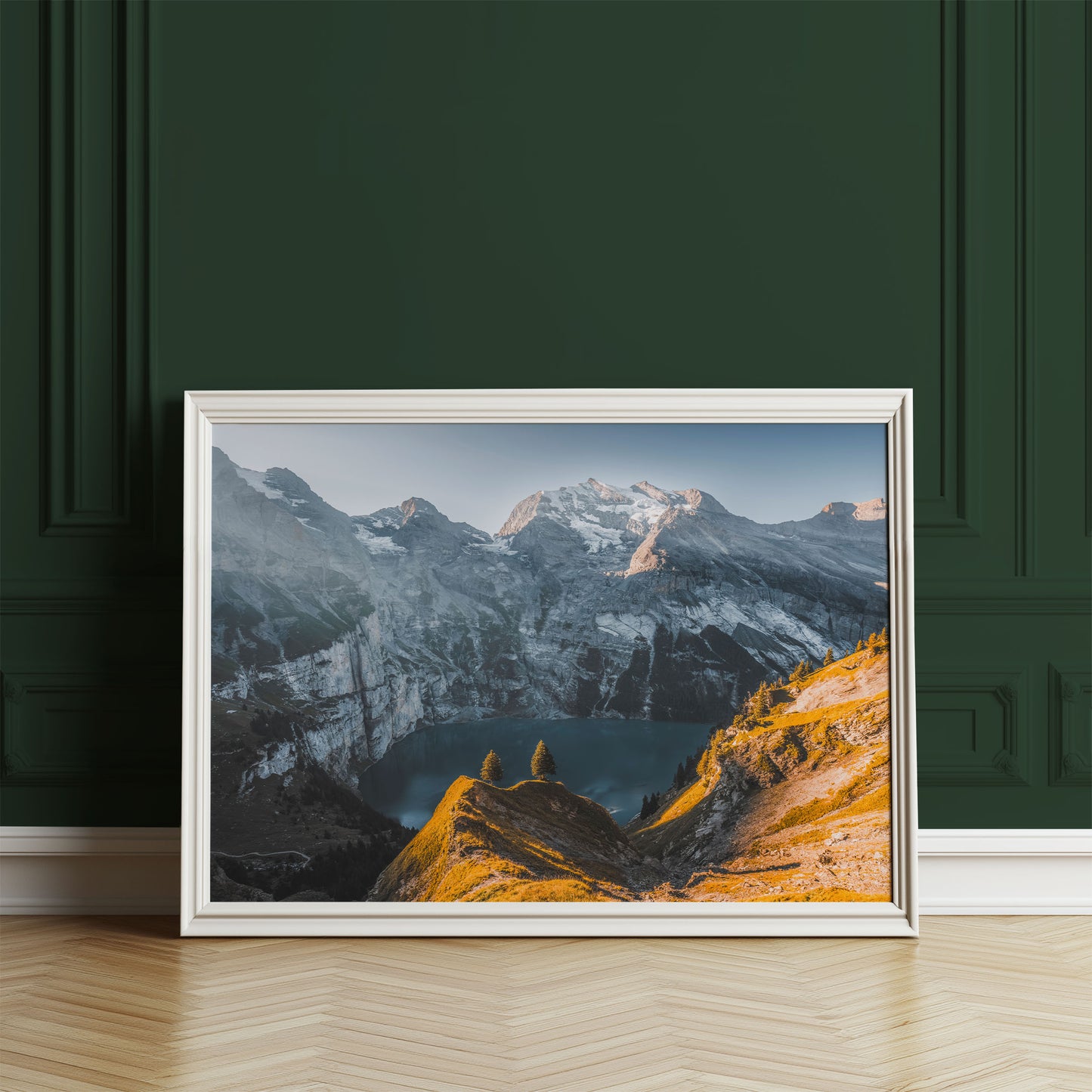 Alpine landscape featuring Oeschinensee and the Swiss Alps, bathed in golden light, perfect as scenic wall art.