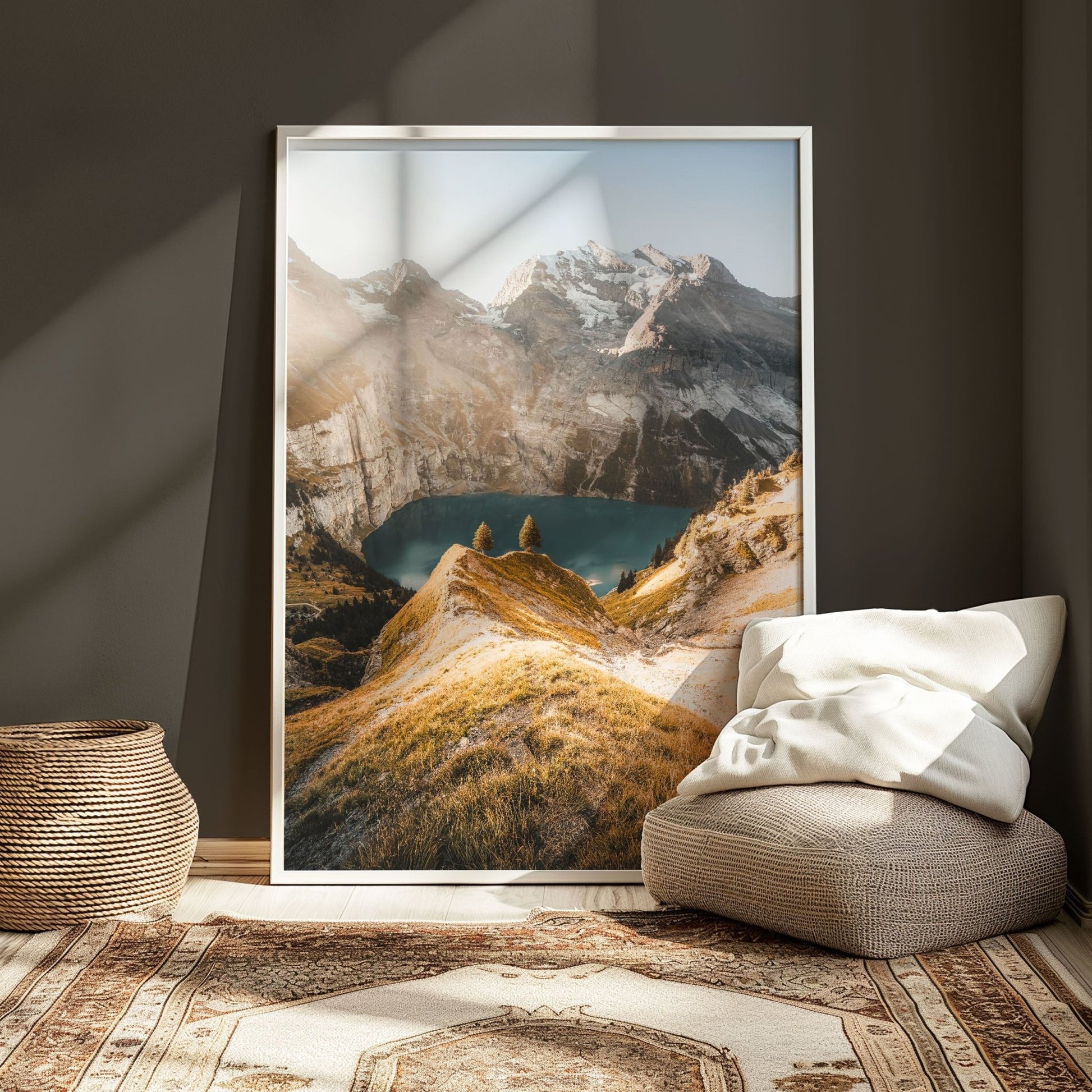 Stunning view of Oeschinensee and surrounding mountains, framed in a neutral design with soft lighting.