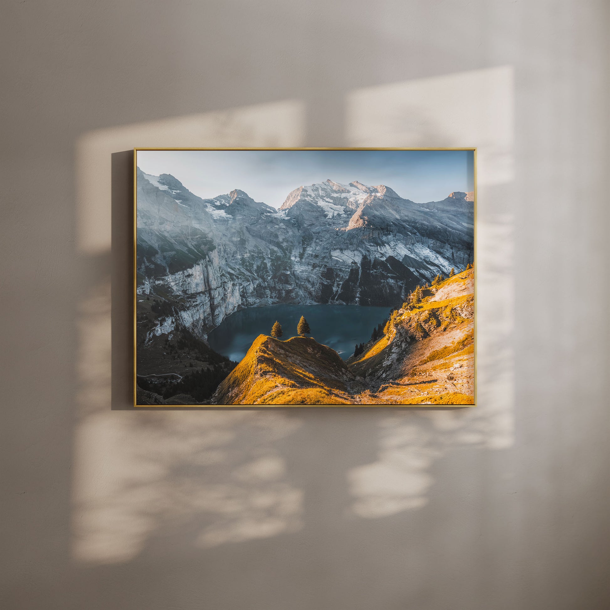 Oeschinensee lake surrounded by Swiss Alps mountains during the morning light, ideal for mountain wall art and nature-inspired decor.