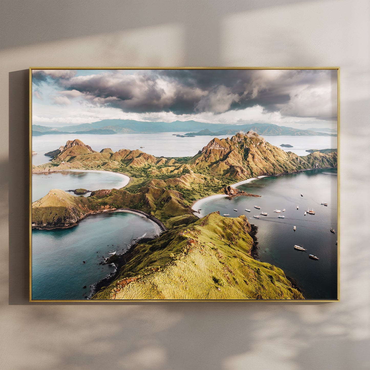 Framed aerial print of Padar Island Komodo National Park Indonesia in a gold float frame mounted on a wall