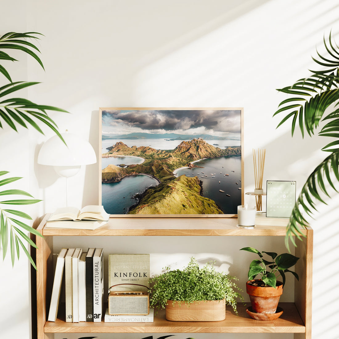 Framed Padar Island Komodo National Park Flores Indonesia aerial print styled on a bookshelf in a bright living room interior