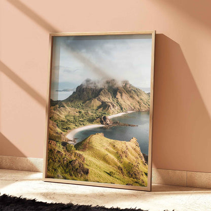 Padar Island Komodo National Park travel print in natural wood frame leaning against peach terracotta wall