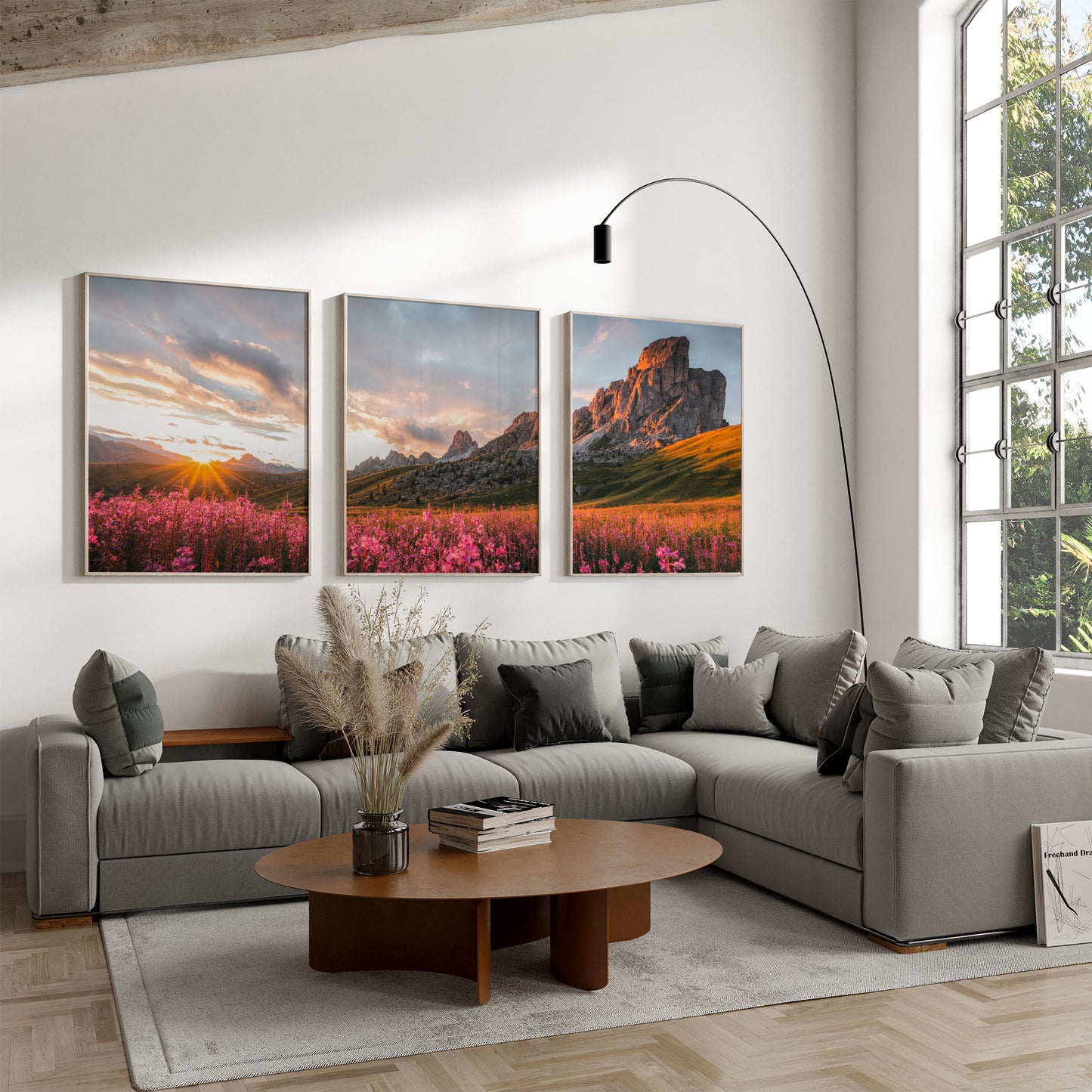 Fine art photography print set of Passo Giau in the Dolomites shown framed on a wall