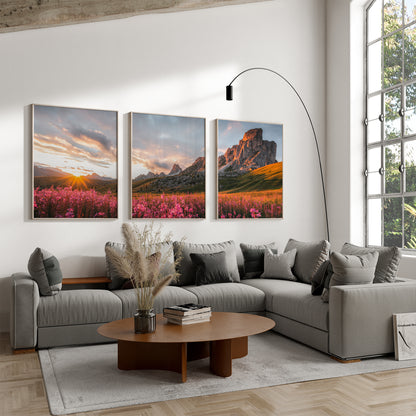 Fine art photography print set of Passo Giau in the Dolomites shown framed on a wall
