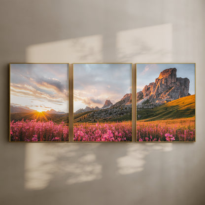 Set of three Passo Giau Dolomites landscape photography prints displayed as a wall art triptych