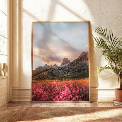 Set of three Passo Giau Dolomites prints arranged vertically on a wall