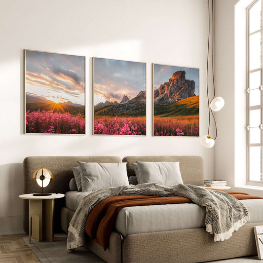 Passo Giau Dolomites triptych wall art shown in a modern interior setting