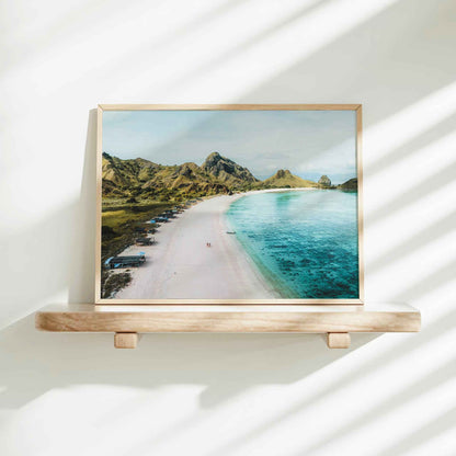 Pink Beach Padar Island Komodo National Park framed wall art print in natural wood frame on white wall shelf with natural shadows