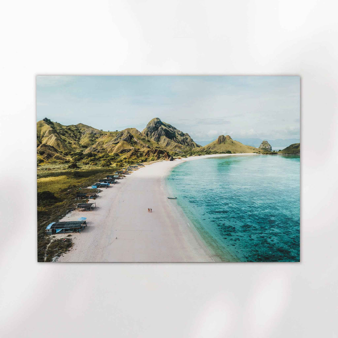 Pink Beach Padar Island Komodo National Park aerial photography print with turquoise water unframed on white background