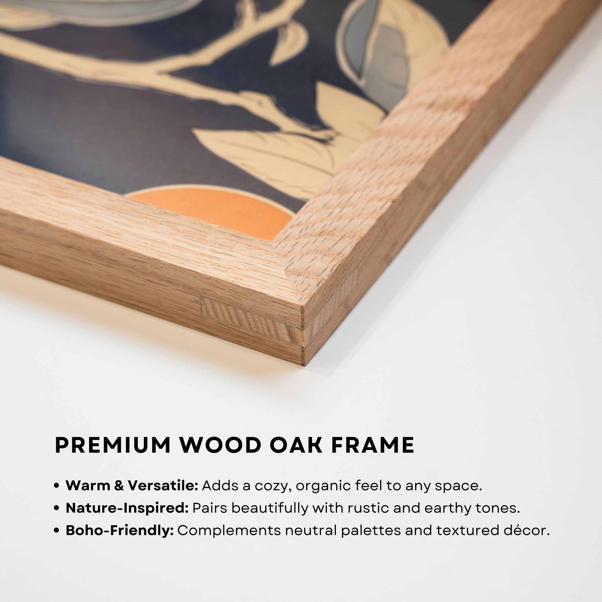 Close-up of a premium wood oak frame, warm and versatile for natural, earthy decor.