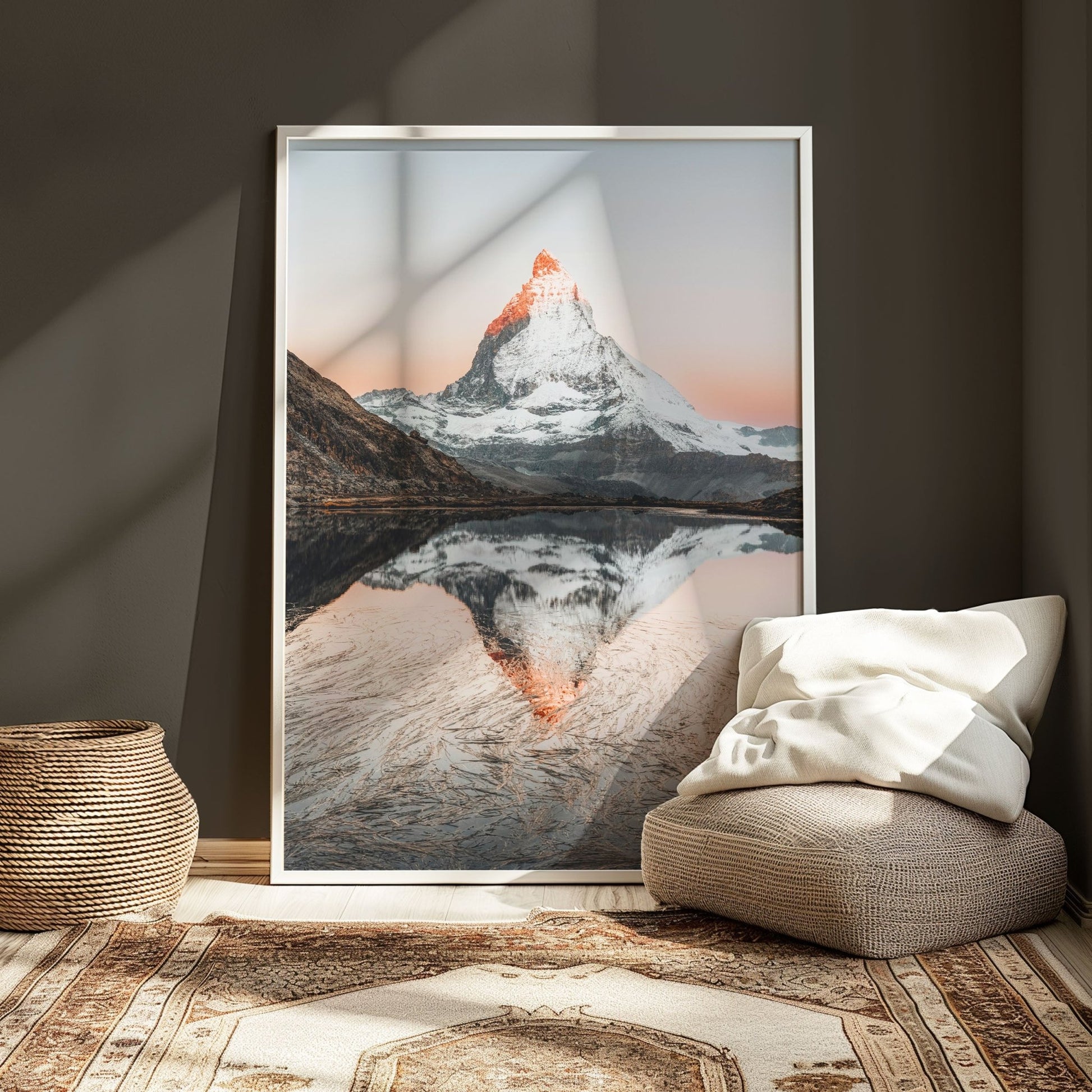 Riffelsee’s tranquil reflection of the Matterhorn at sunrise, displayed in a neutral room setting.