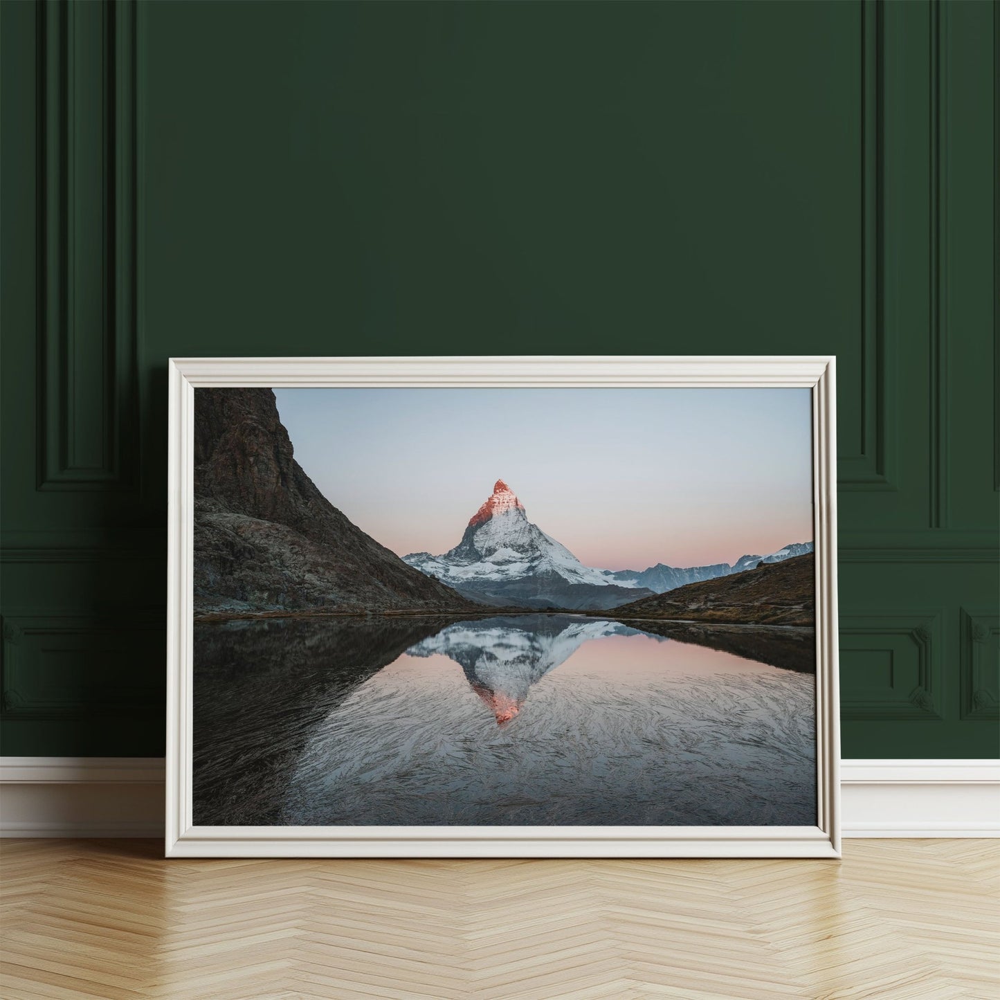 Swiss Alps artwork showcasing the Matterhorn and tranquil Rifflesee, with soft pastel skies during sunrise.