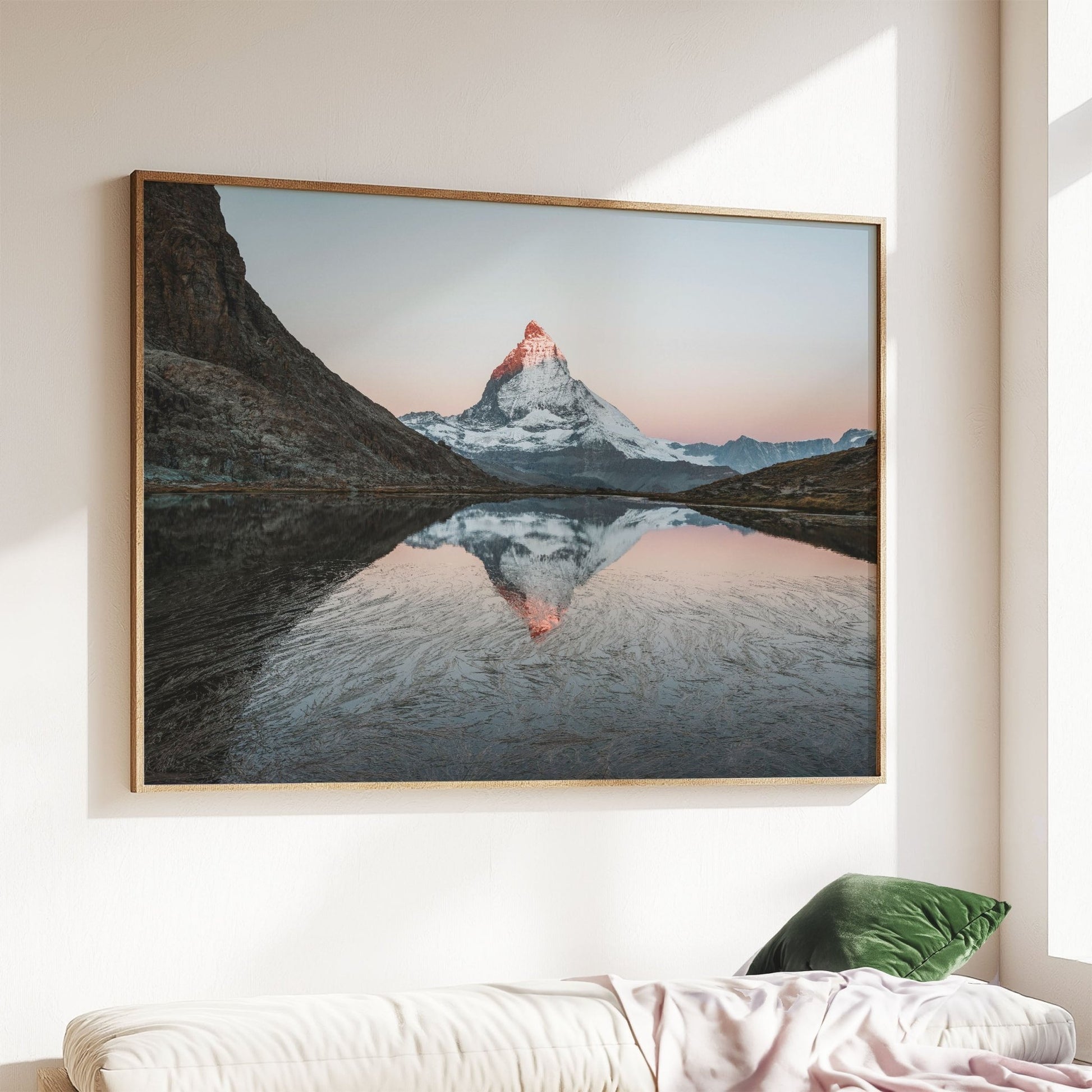 Nature wall art featuring Rifflesee’s serene waters and the iconic Matterhorn at sunrise in Switzerland.