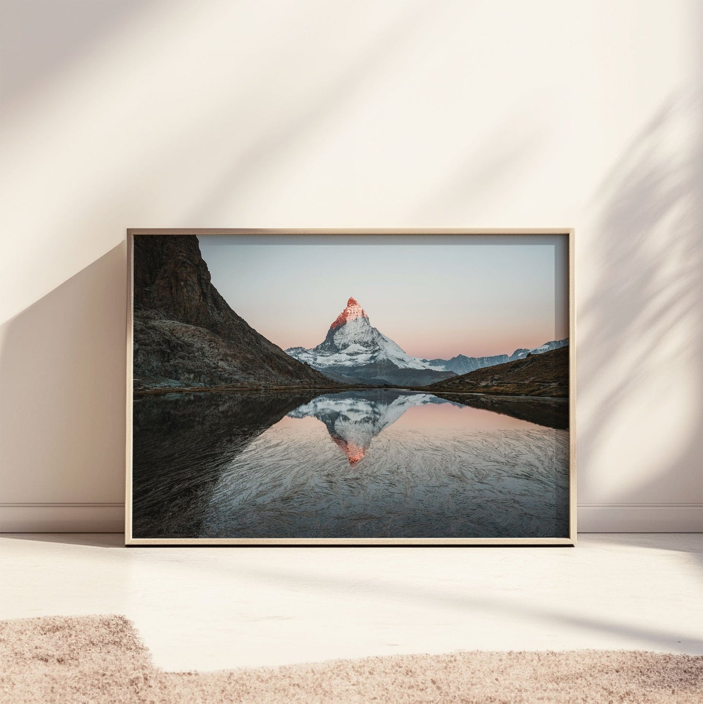 Scenic view of the Matterhorn and Rifflesee in Switzerland, ideal for nature wall art and home decor.