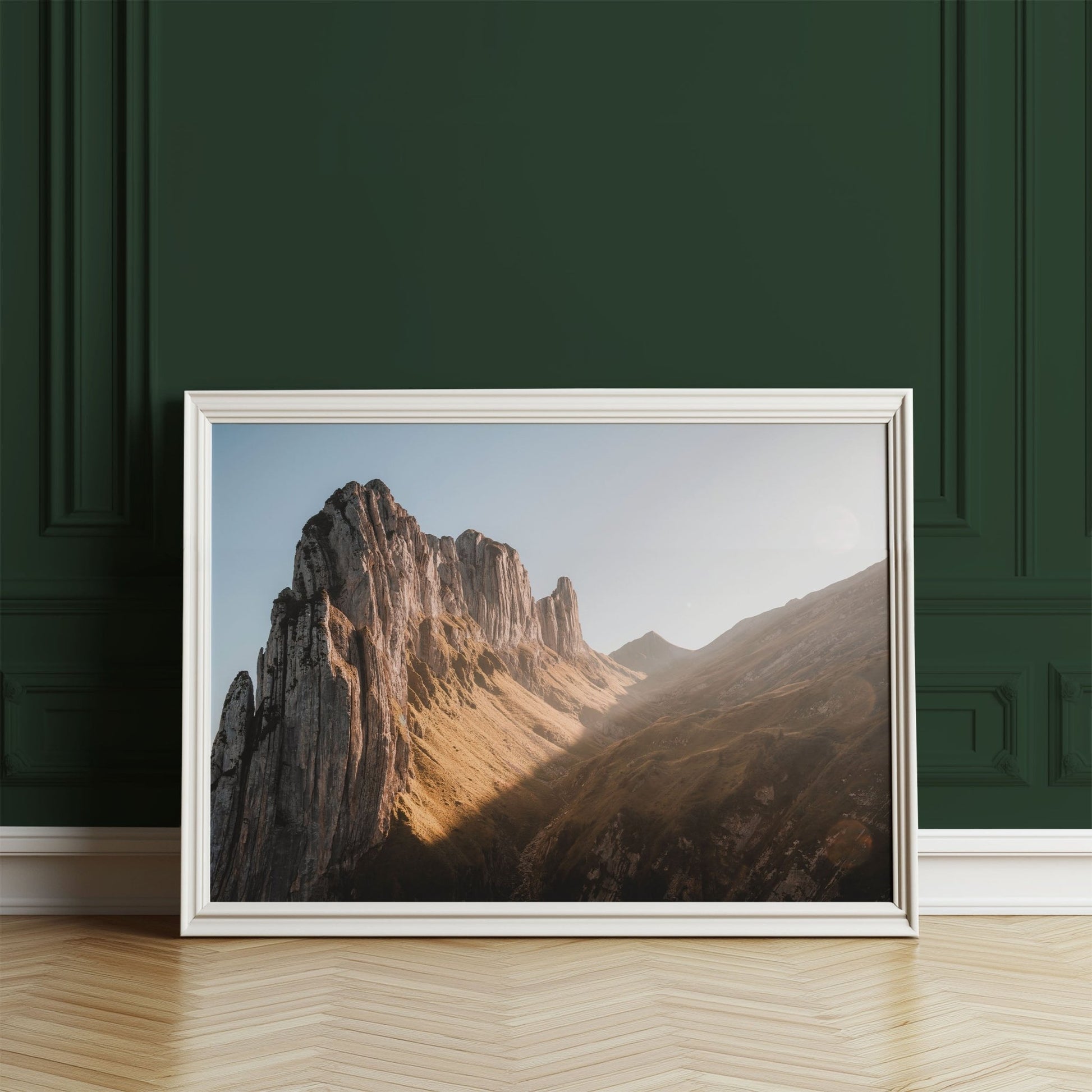 Golden light hitting the rugged Saxer Lucke cliffs in Switzerland’s Appenzell region, ideal for nature-inspired home decor.