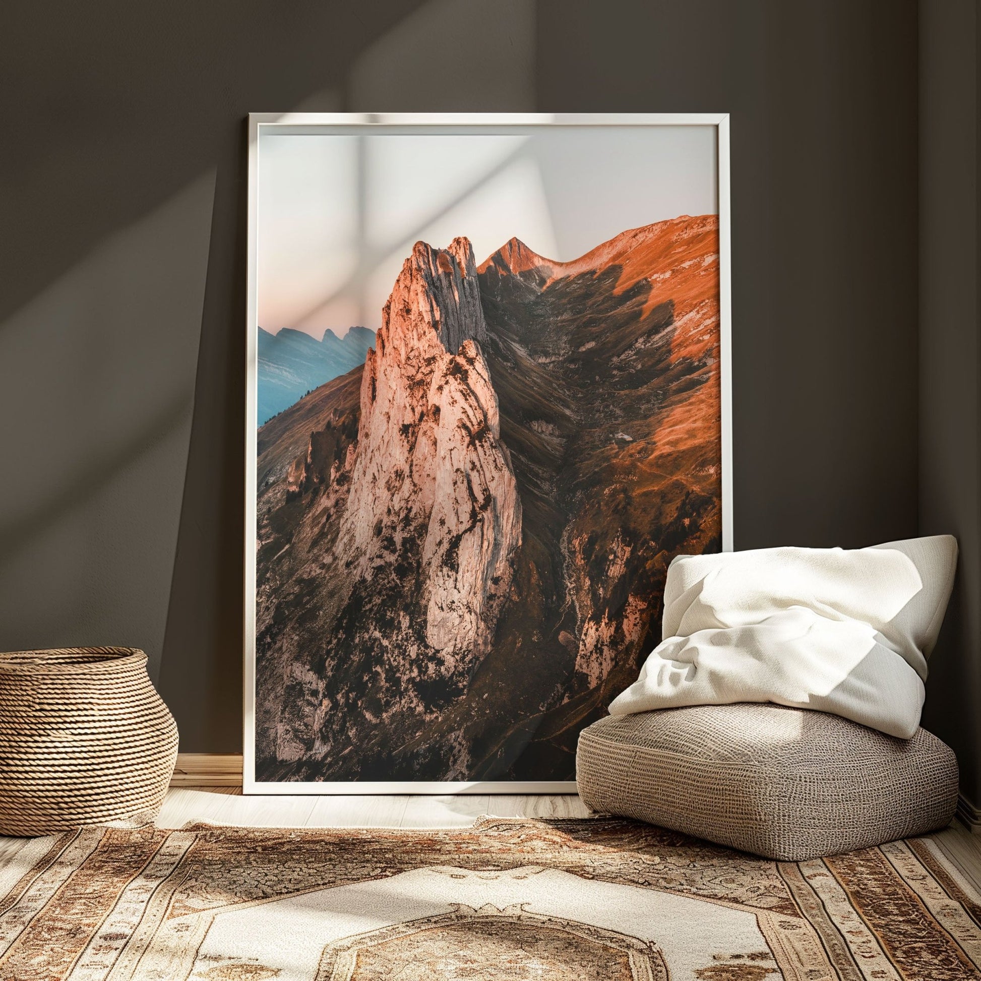 Saxer Lucke mountain at dawn, propped in a neutral room with cosy accents and sunlight.