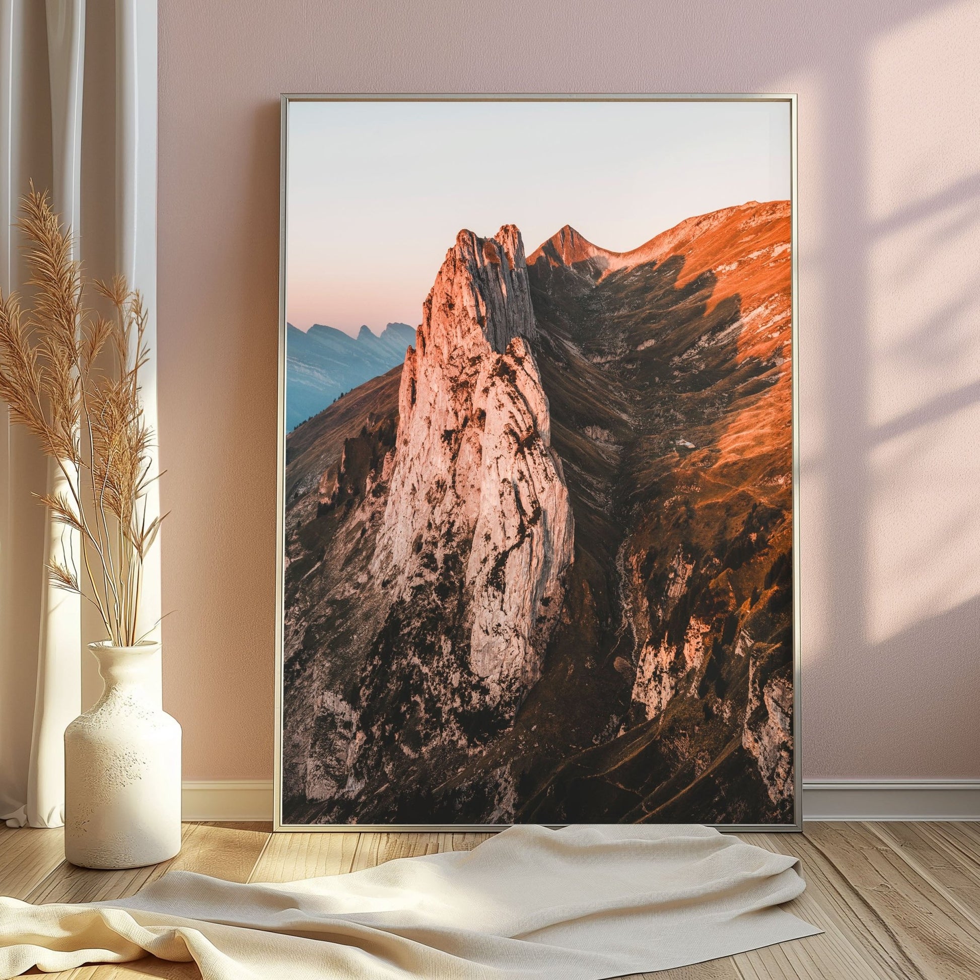 Saxer Lucke peak during morning light, framed in silver and styled with soft natural tones